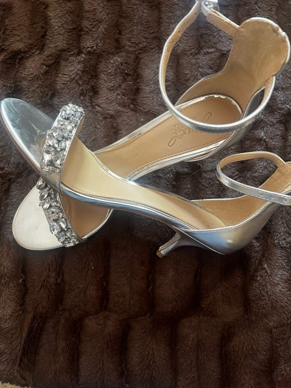 Jewel Badgley Mischka Silver Crystal-Strap Ankle-Heels